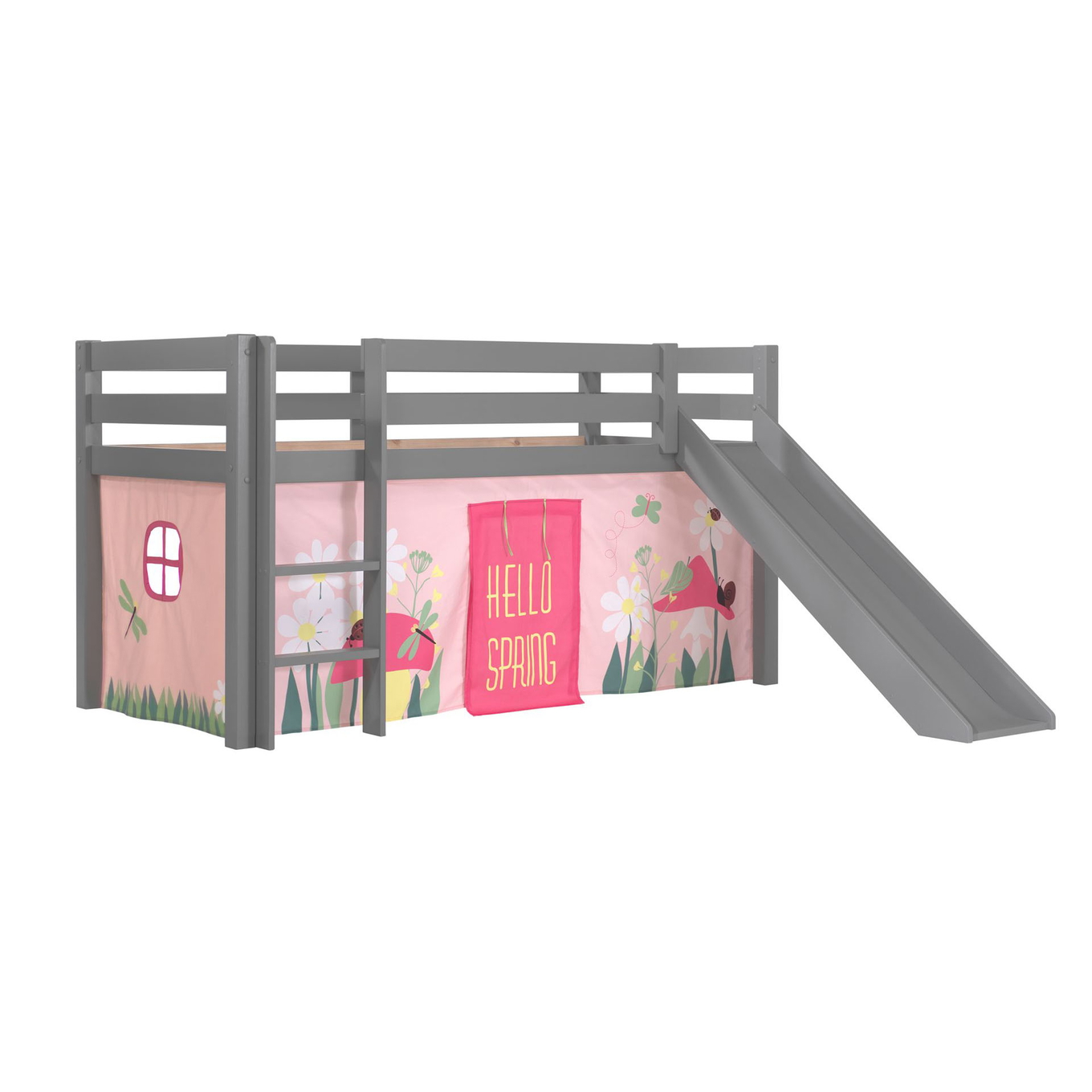 Halbhohes Bett Pino Spring mit Rutsche Grau, mit Spielvorhang