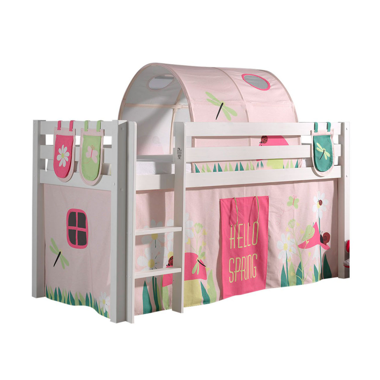 Halbhohes Bett Pino Spring Weiss, mit Spielvorhang, Höhle und Betttaschen