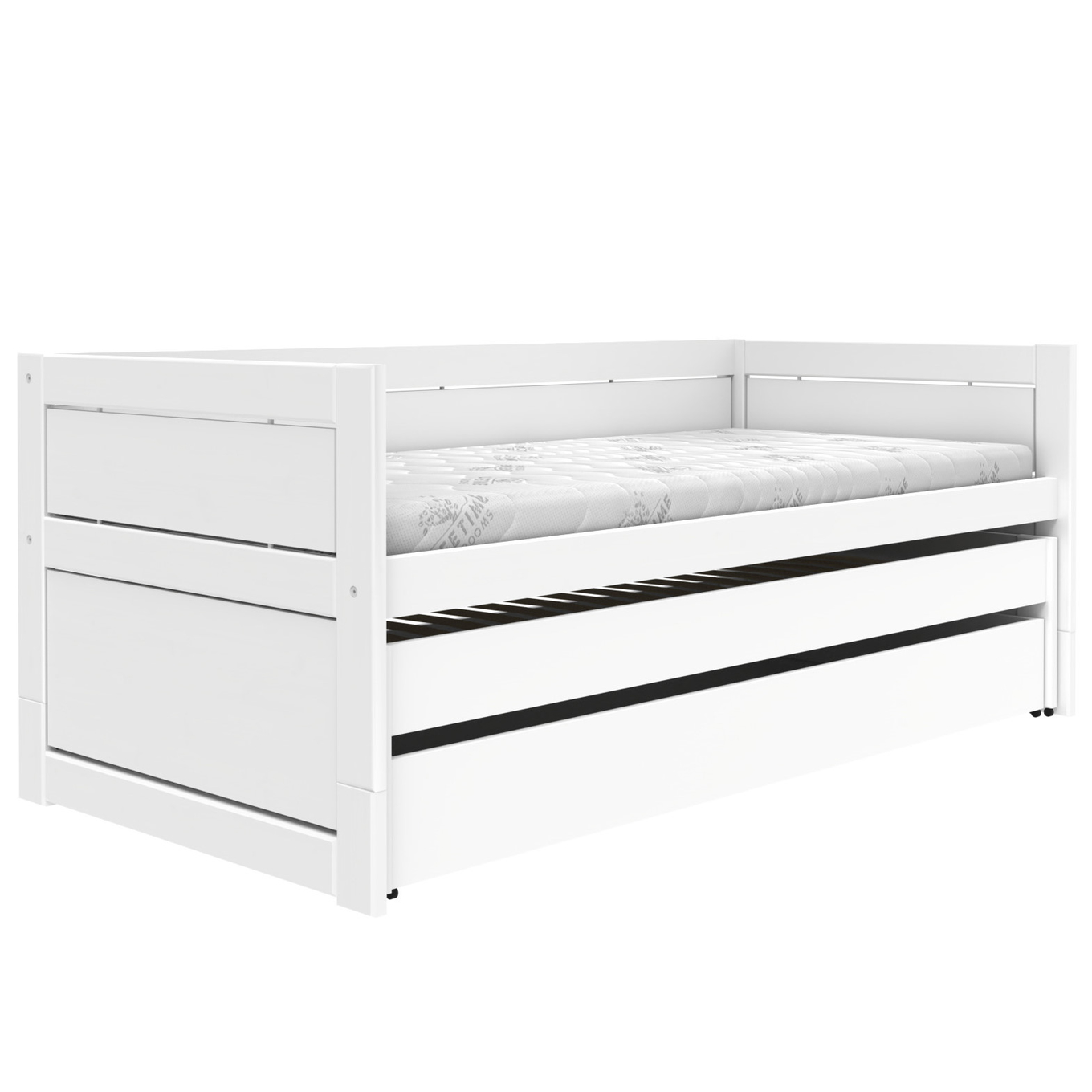 Kojenbett mit Zusatzbett und Schublade Weiss, Rollrost 1
