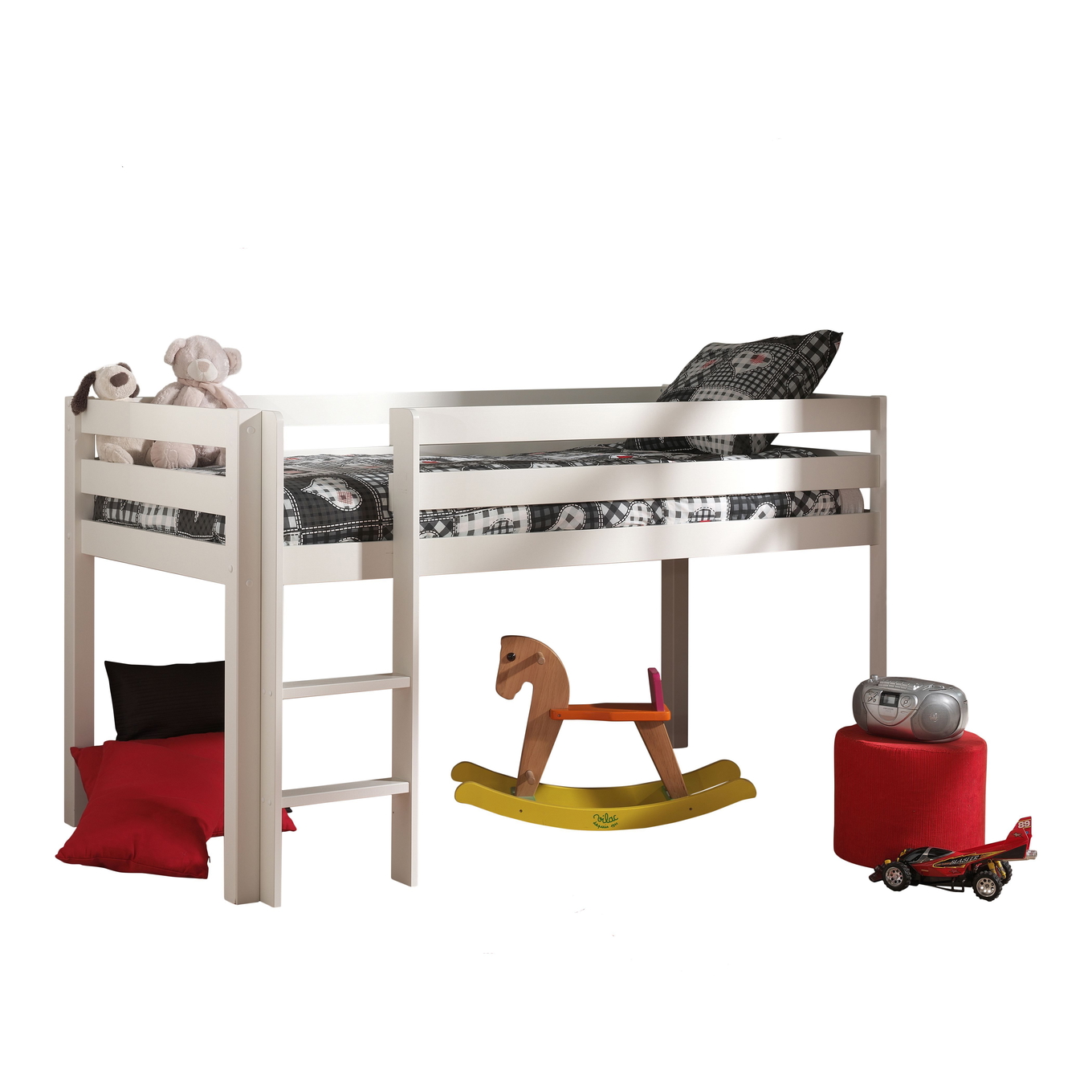Halbhohes Bett Astro Weiss, mit Spielvorhang und Betttaschen 3