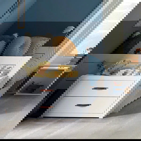 Mittelhohes Bett inkl. Regalmodul Weiss lasiert, Deluxe Lattenrost 2