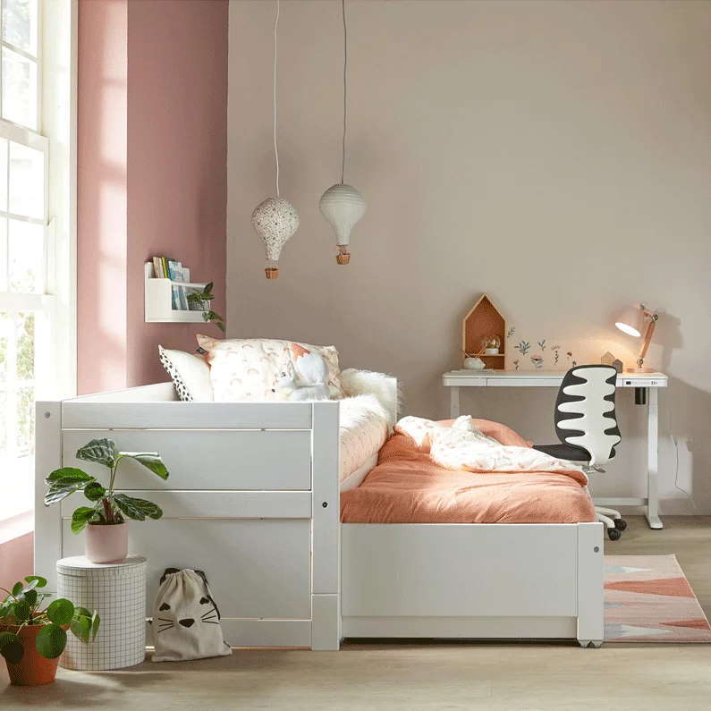 Kojenbett mit Zusatzbett und Schublade Weiss, Rollrost 2