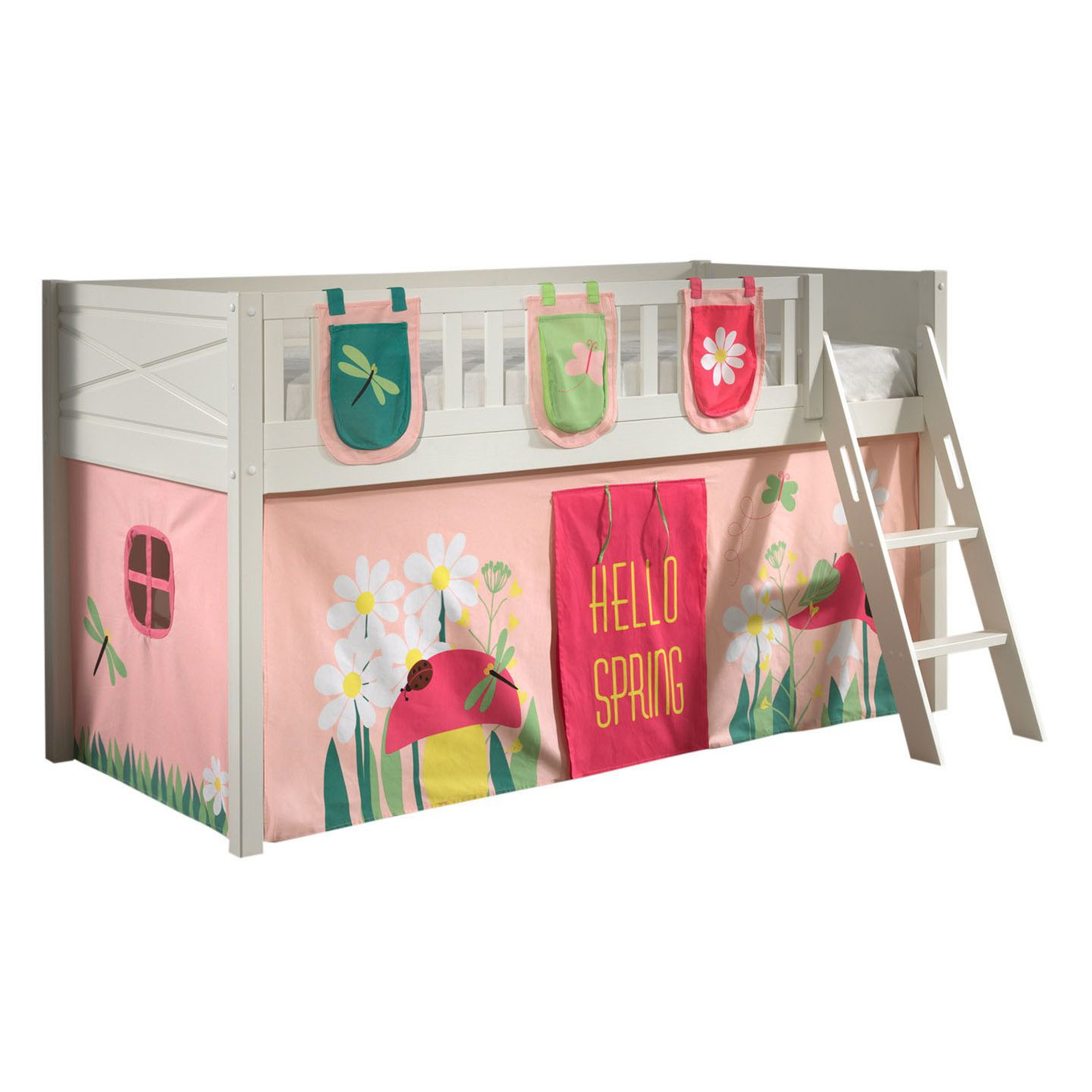 Halbhohes Bett Scott Spring mit Spielvorhang und Betttaschen 1