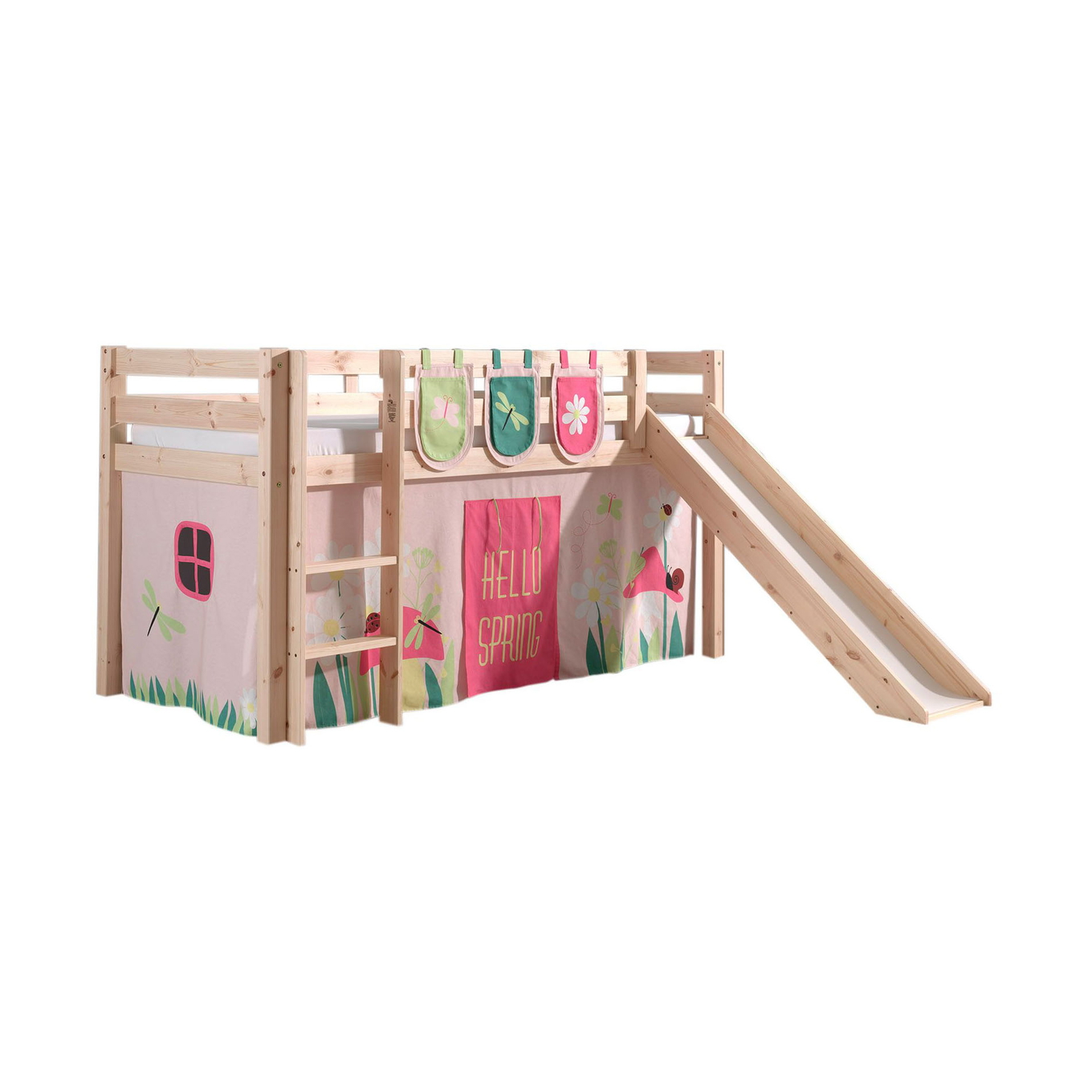 Halbhohes Bett Pino Spring mit Rutsche Holz, mit Spielvorhang und Betttaschen 1