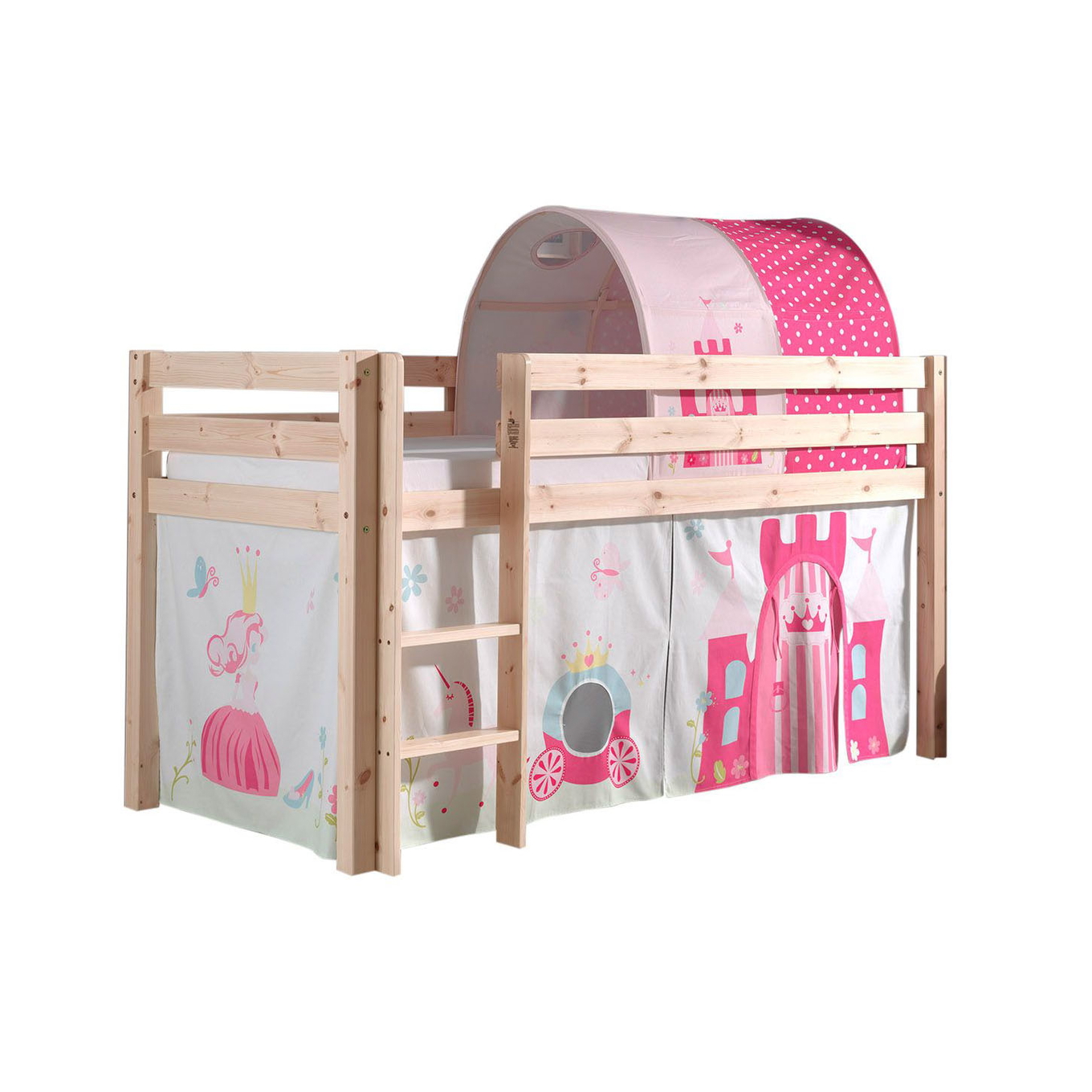 Halbhohes Bett Princess Holz, mit Spielvorhang und Höhle