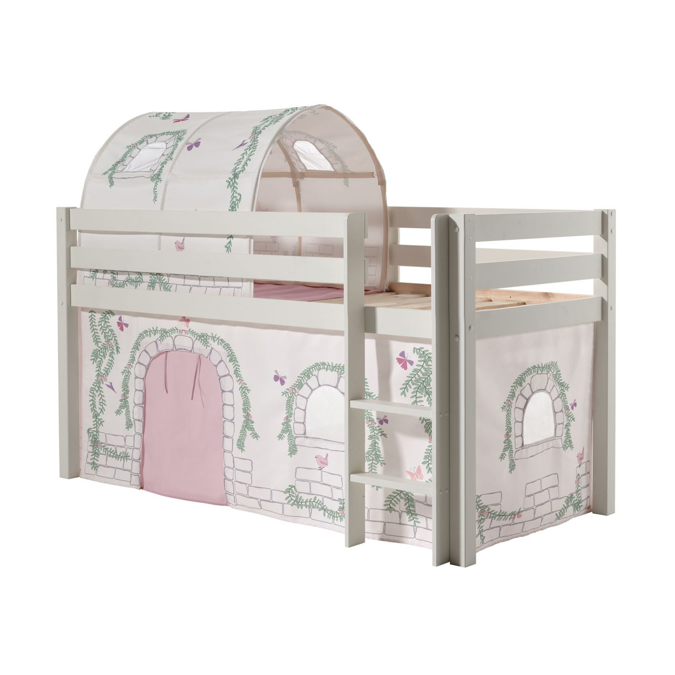 Halbhohes Bett Birdy Weiss, mit Spielvorhang und Höhle