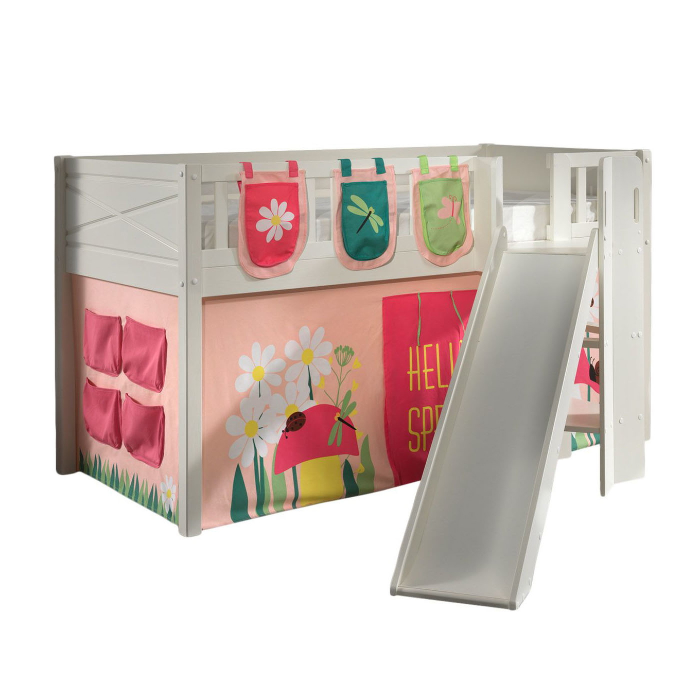 Halbhohes Bett Scott Spring mit Rutsche mit Spielvorhang und Betttaschen 1