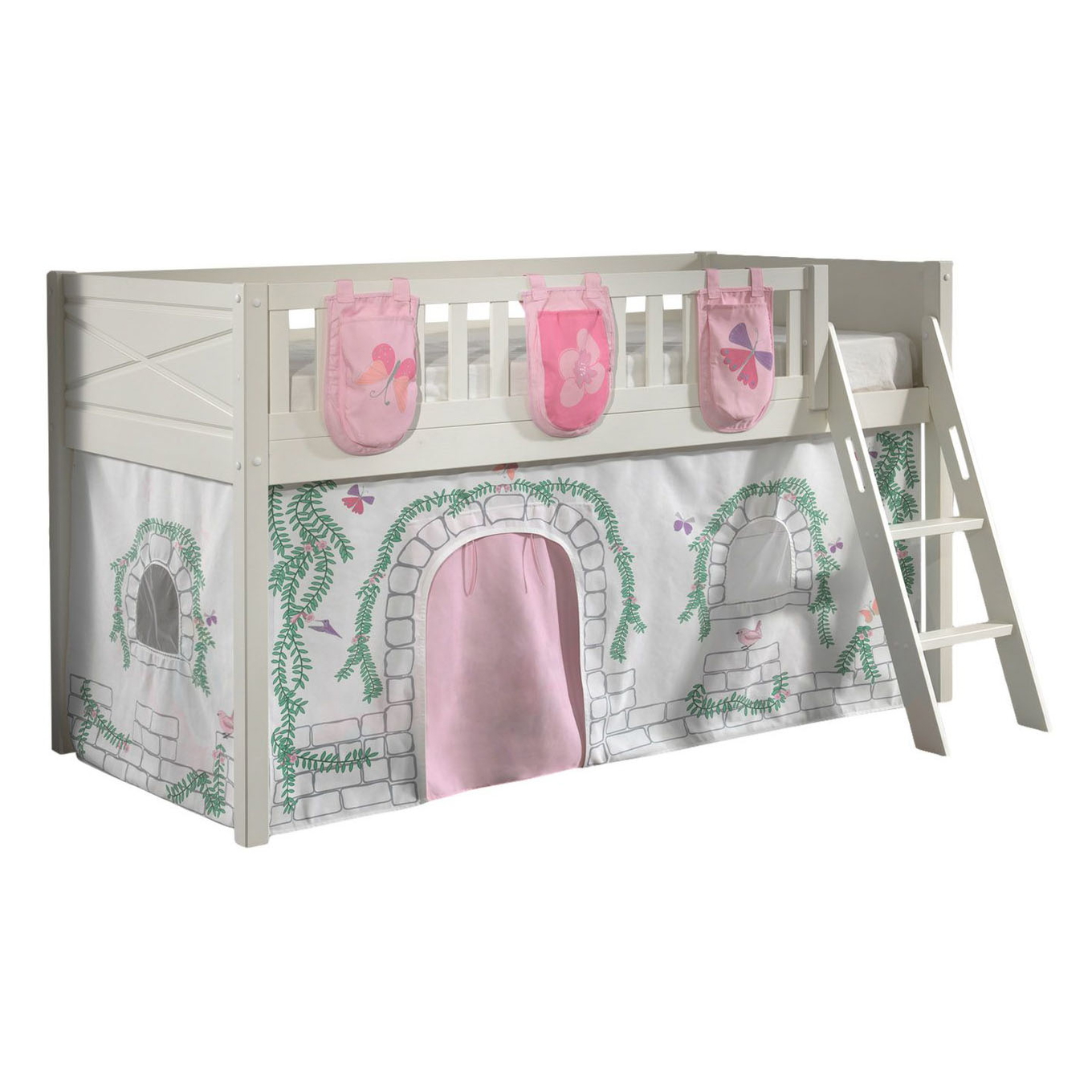 Halbhohes Bett Scott Birdy mit Spielvorhang und Betttaschen