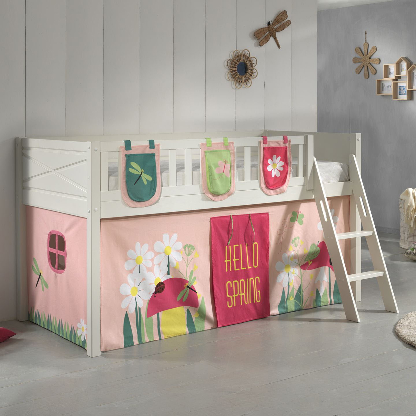 Halbhohes Bett Scott Spring mit Spielvorhang und Betttaschen 2