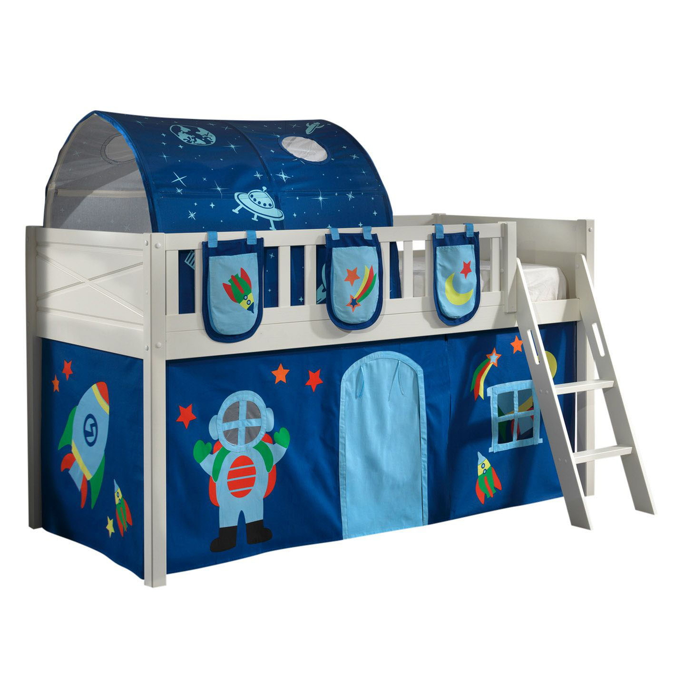Halbhohes Bett Scott Astro mit Spielvorhang, Höhle und Betttaschen 1