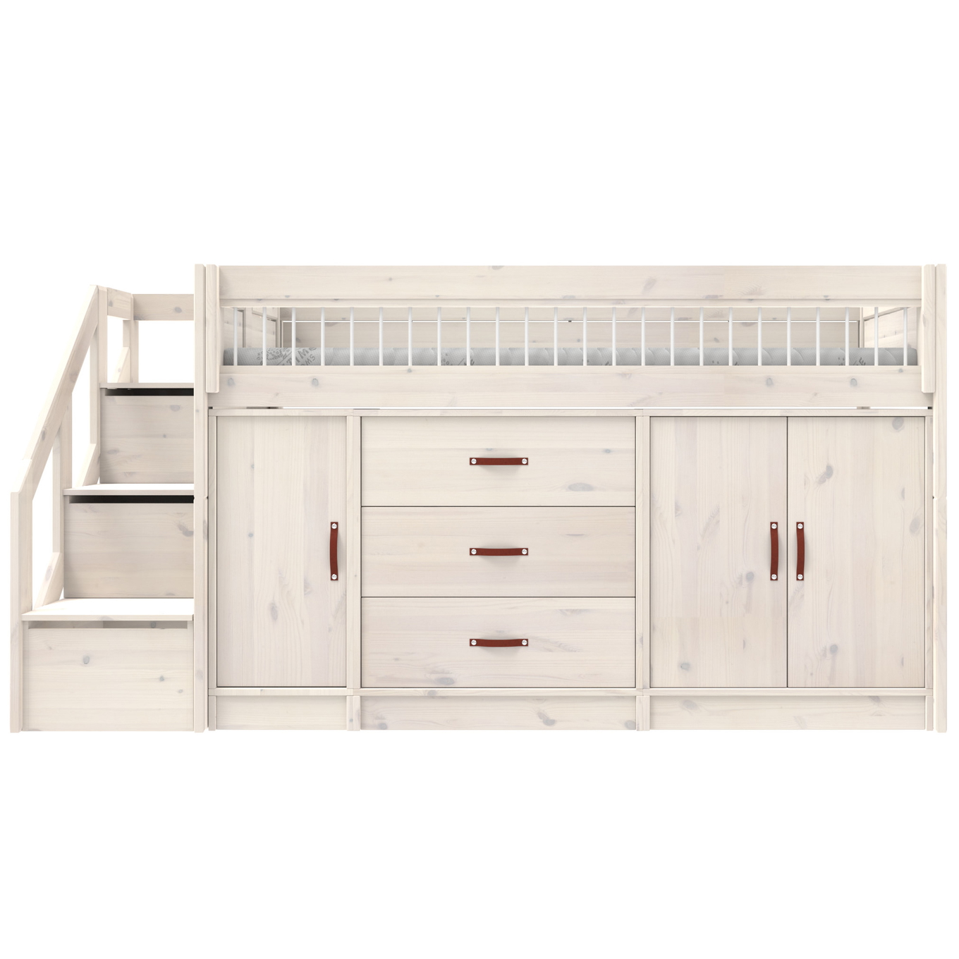 Halbhohes Bett All-In-One inkl. Regalmodul Weiss lasiert, Deluxe Lattenrost 1