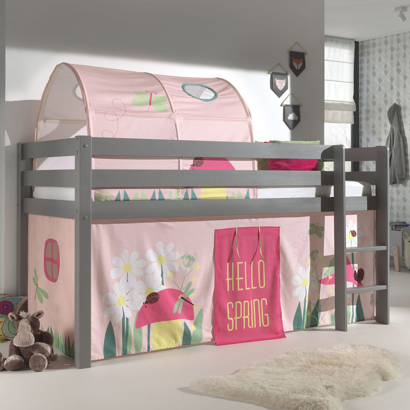 Halbhohes Bett Pino Spring Grau, mit Spielvorhang und Höhle #2