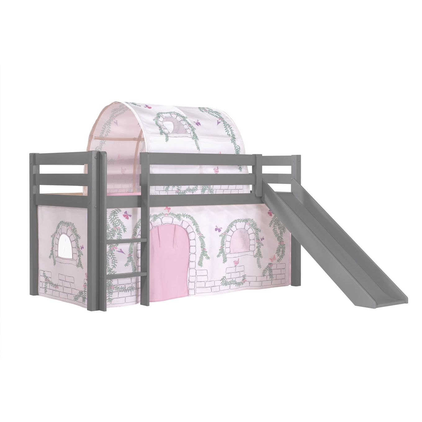 Halbhohes Bett Birdy mit Rutsche Grau, mit Spielvorhang und Höhle