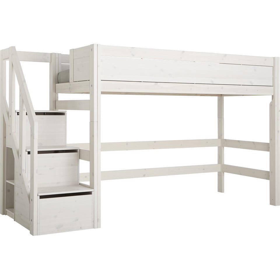 Mittelhohes Bett mit Treppe 90x200cm Weiss lasiert, Deluxe Lattenrost