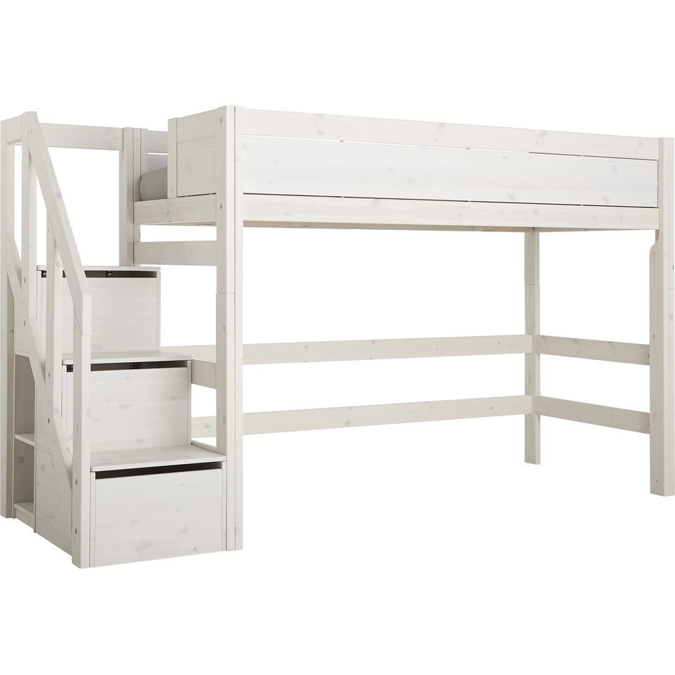 Mittelhohes Bett mit Treppe 90x200cm Whitewash, Deluxe Lattenrost 1