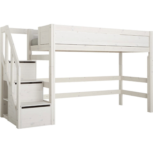 Mittelhohes Bett mit Treppe 90x200cm Whitewash, Deluxe Lattenrost