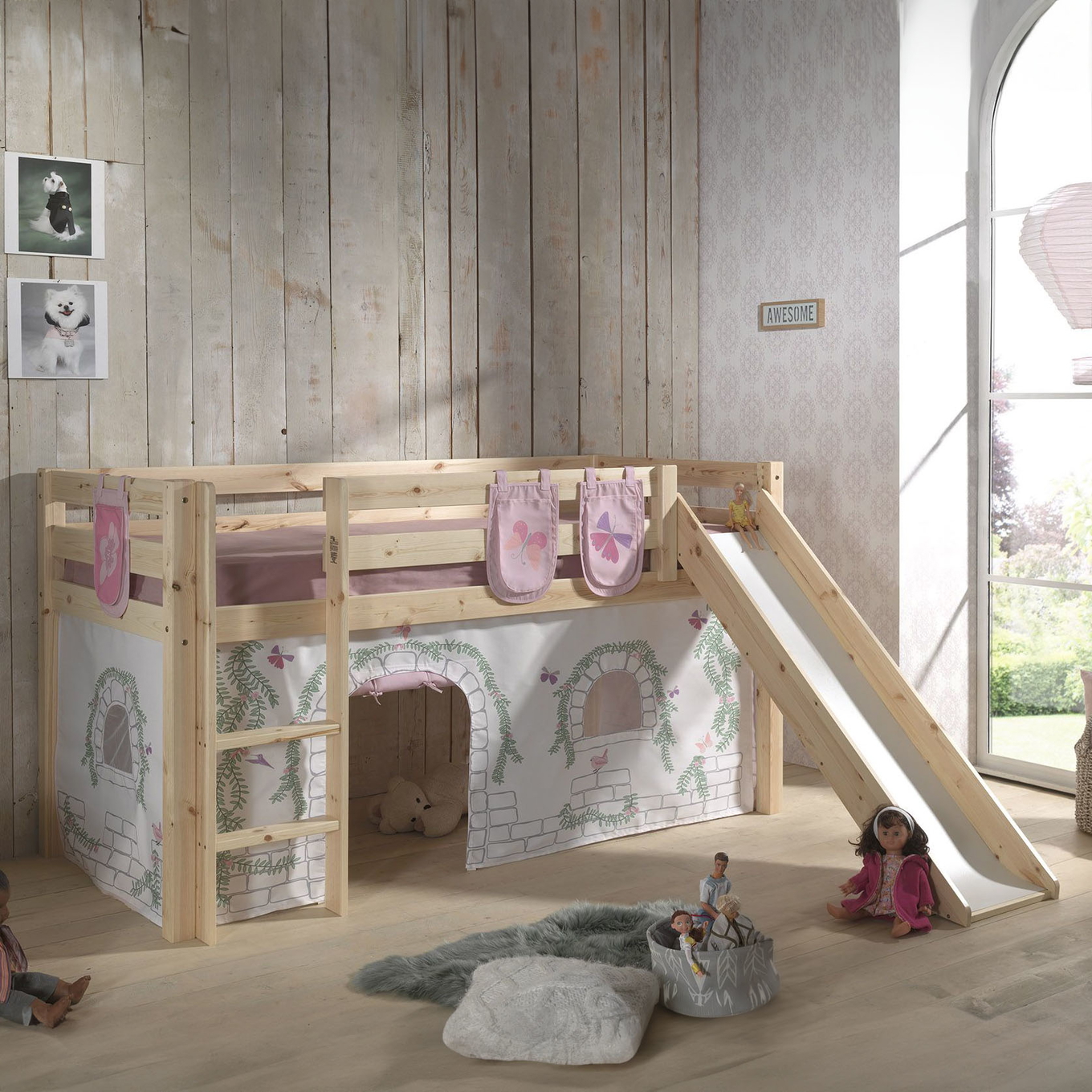 Halbhohes Bett Birdy mit Rutsche Holz, mit Spielvorhang und Betttaschen 2