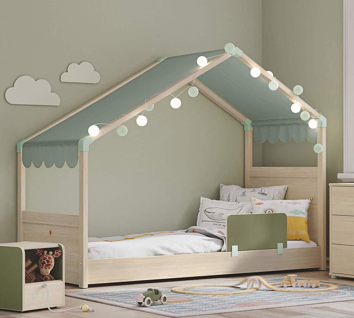 Stoffhimmel Montes für Hausbett mit Seitendach Grün 3
