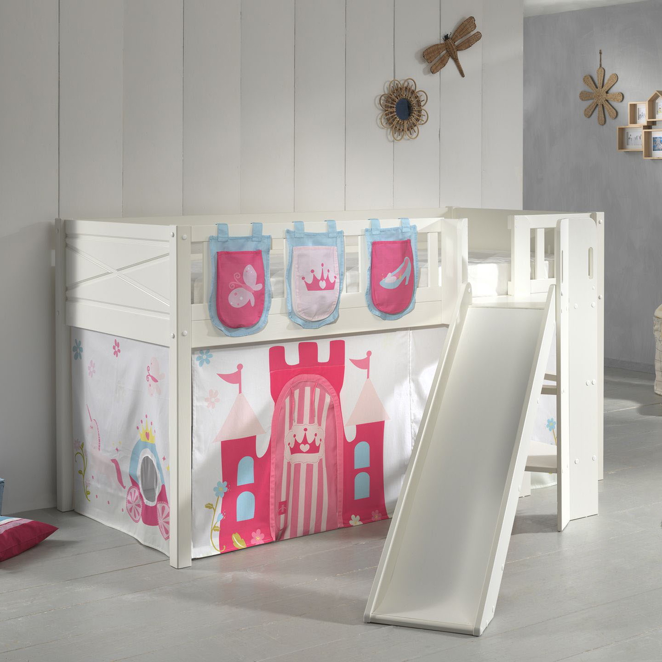 Halbhohes Bett Scott Princess mit Rutsche mit Spielvorhang und Betttaschen 2