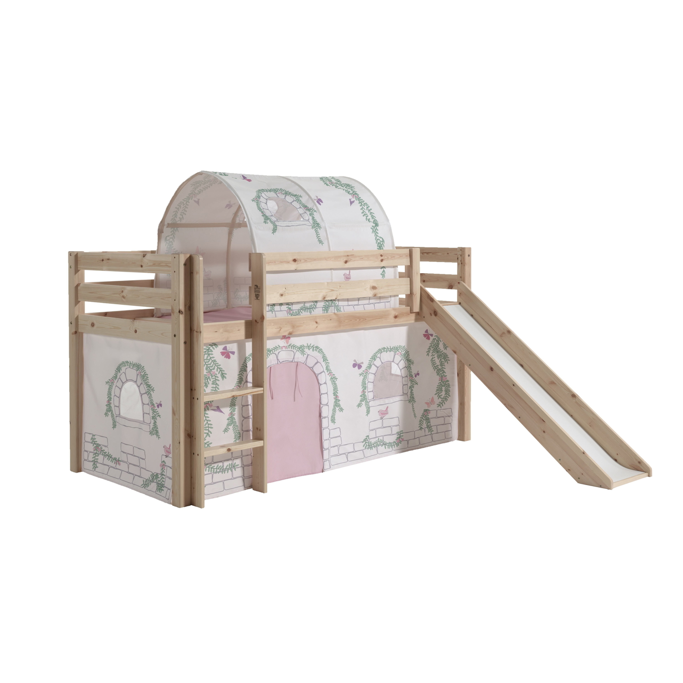 Halbhohes Bett Birdy mit Rutsche Holz, mit Spielvorhang und Höhle