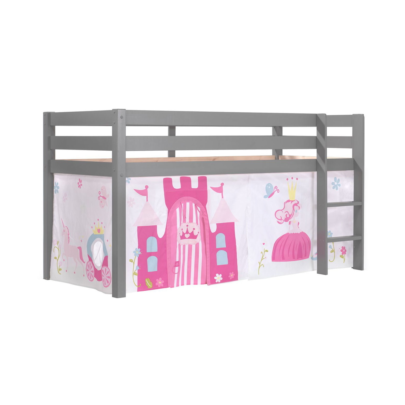 Halbhohes Bett Princess Grau, mit Spielvorhang 1