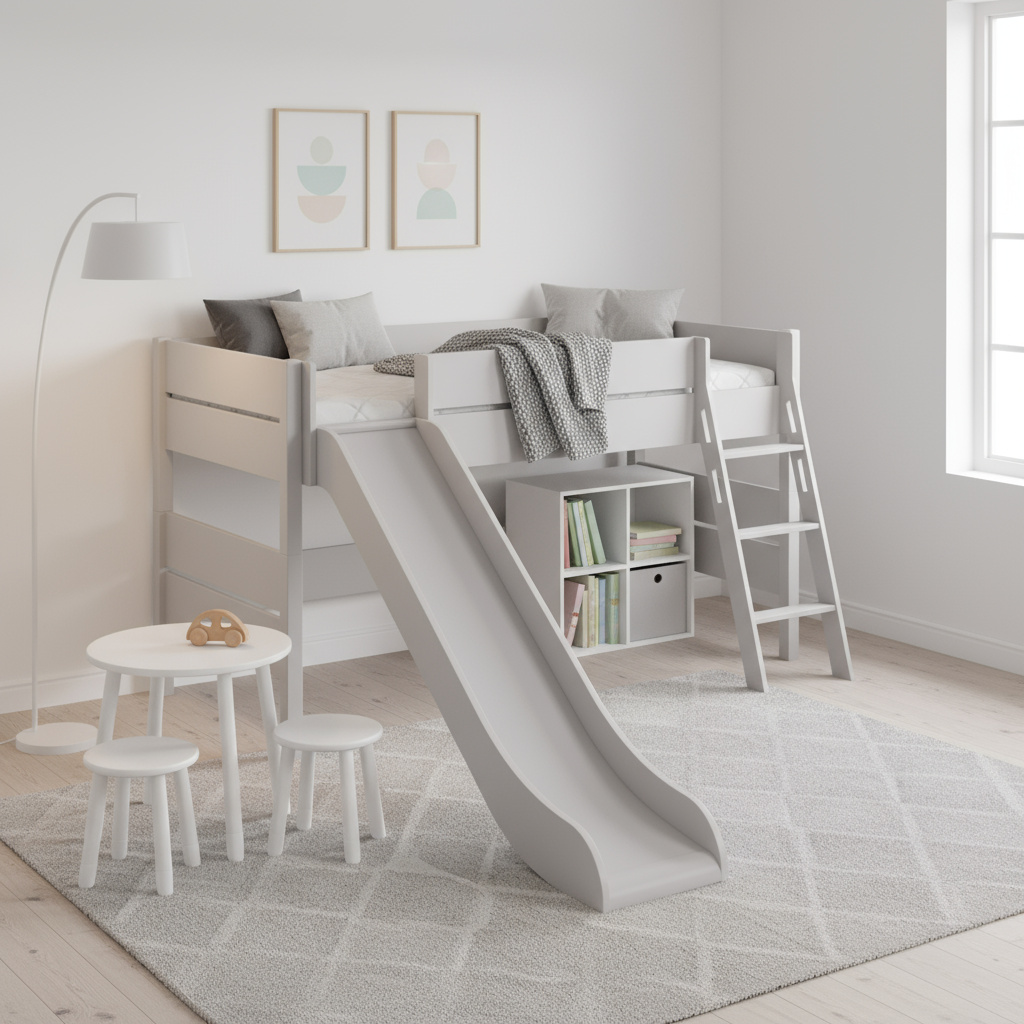 Halbhohes Bett Tiago mit Rutsche Grau, mit Schrägleiter, 90 x 200 cm 5