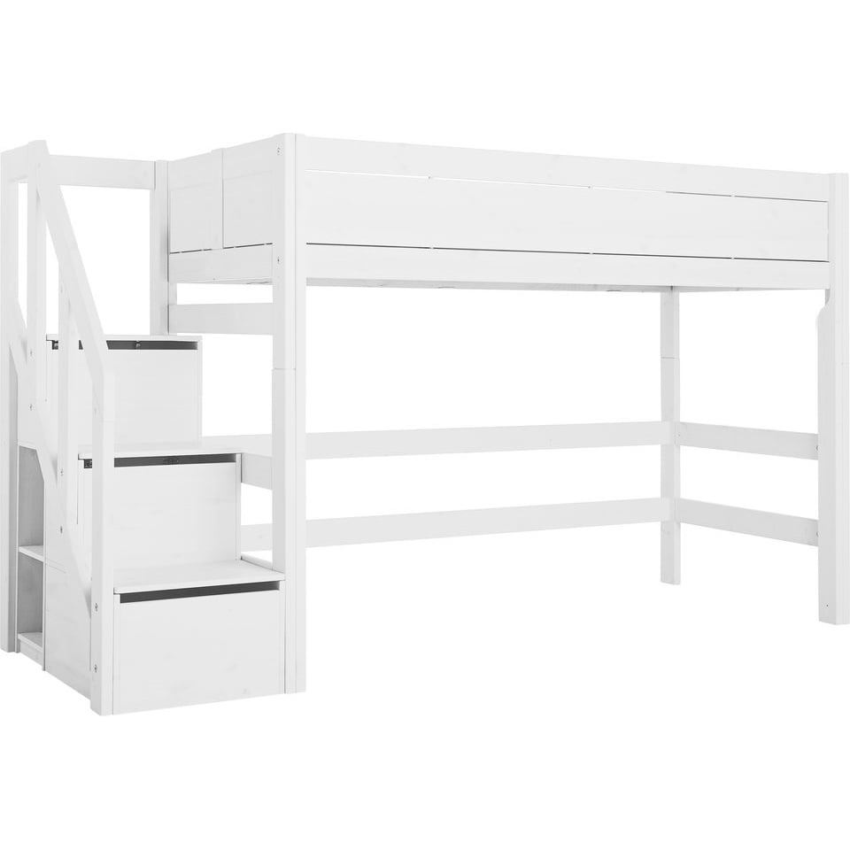 Mittelhohes Bett mit Treppe 90x200cm Weiss, Rollrost