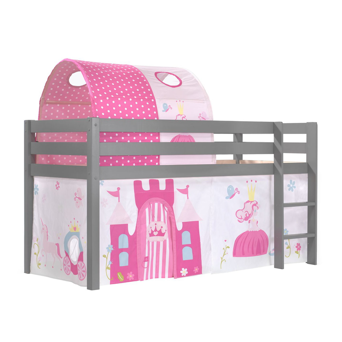 Halbhohes Bett Princess Grau, mit Spielvorhang und Höhle