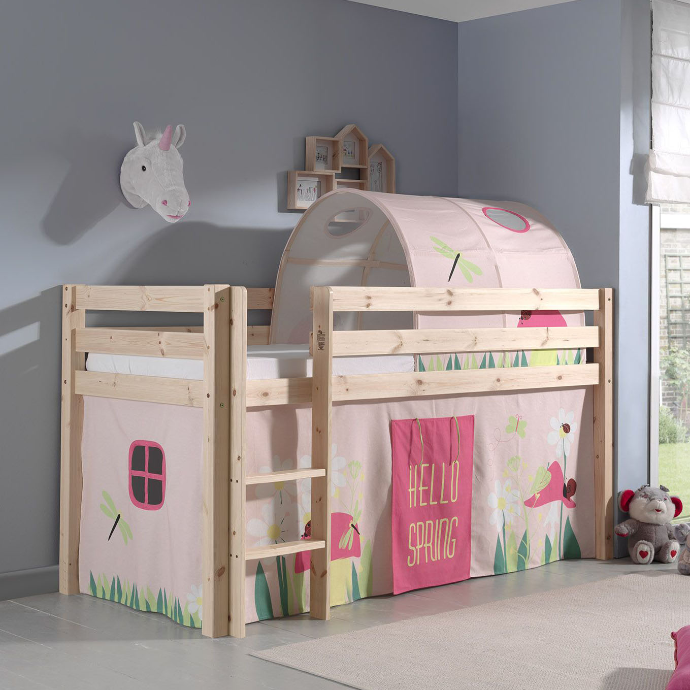 Halbhohes Bett Pino Spring Holz, mit Spielvorhang und Höhle 2
