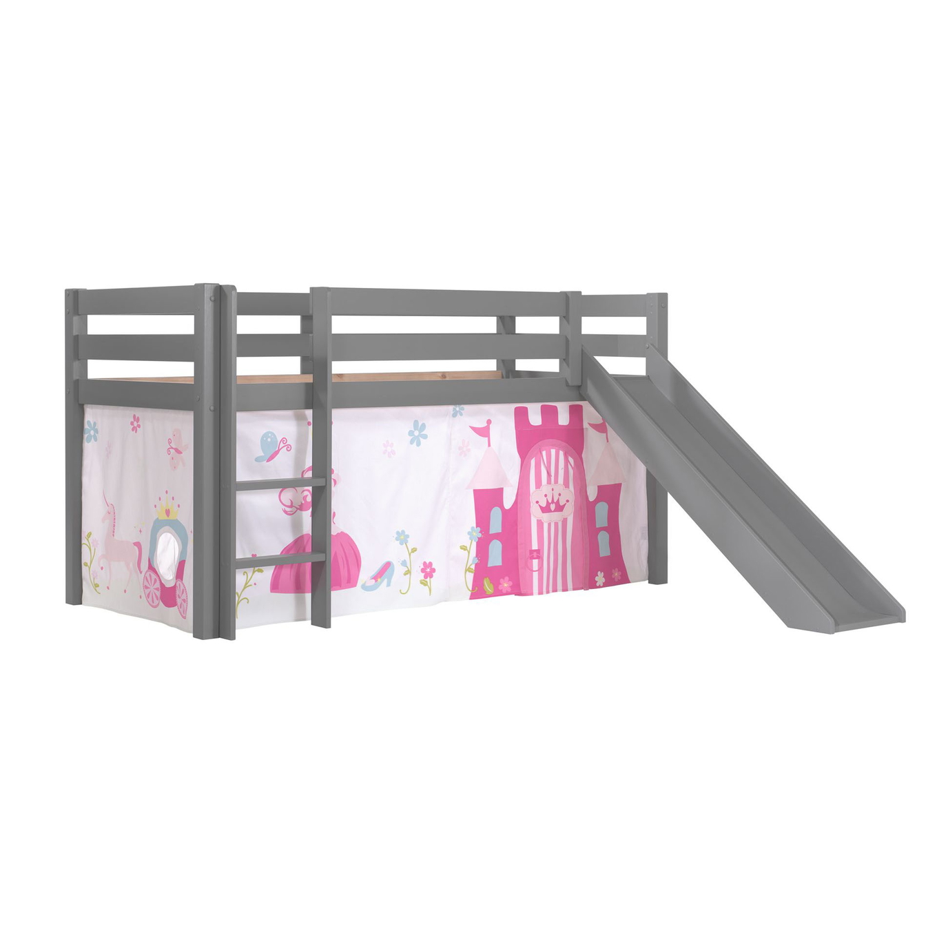 Halbhohes Bett Princess mit Rutsche Grau, mit Spielvorhang