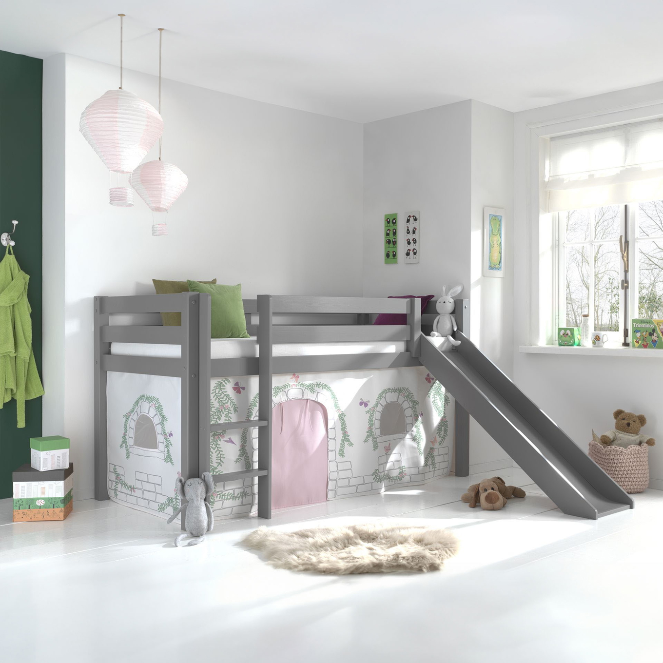 Halbhohes Bett Birdy mit Rutsche Grau, mit Spielvorhang 2