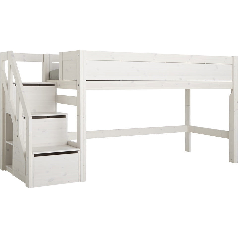 Halbhohes Bett mit Treppe 90x200cm Whitewash, Deluxe Lattenrost 1