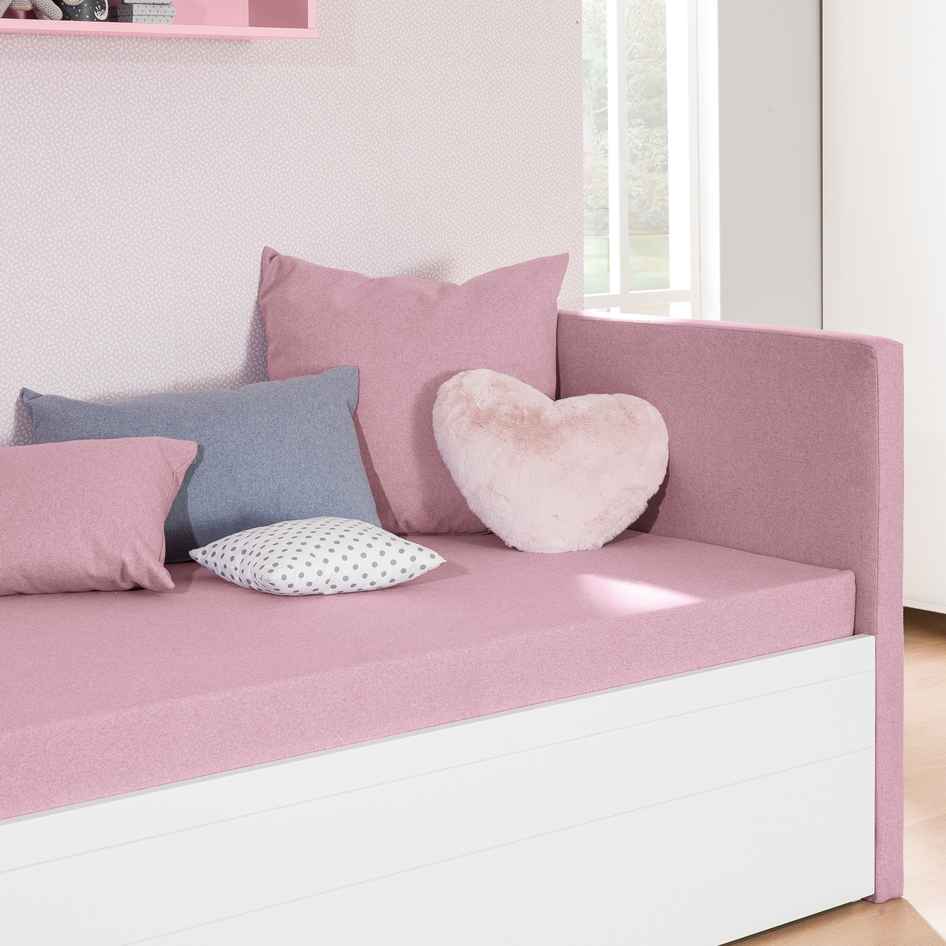 Bett Flynn mit gepolstertem Betthaupt Weiss, Dunkelrosa 5