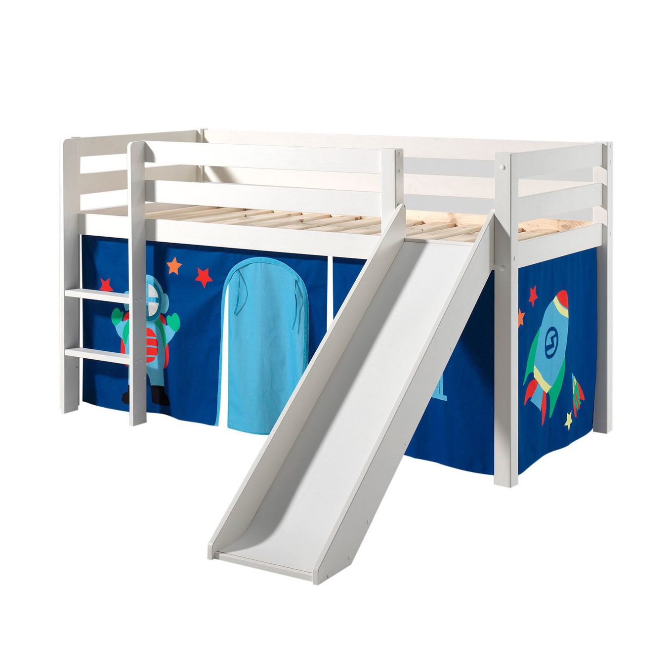 Halbhohes Bett Astro mit Rutsche Weiss, mit Spielvorhang