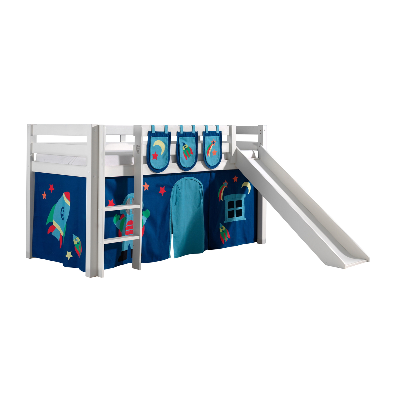 Halbhohes Bett Astro mit Rutsche Weiss, mit Spielvorhang und Betttaschen 1