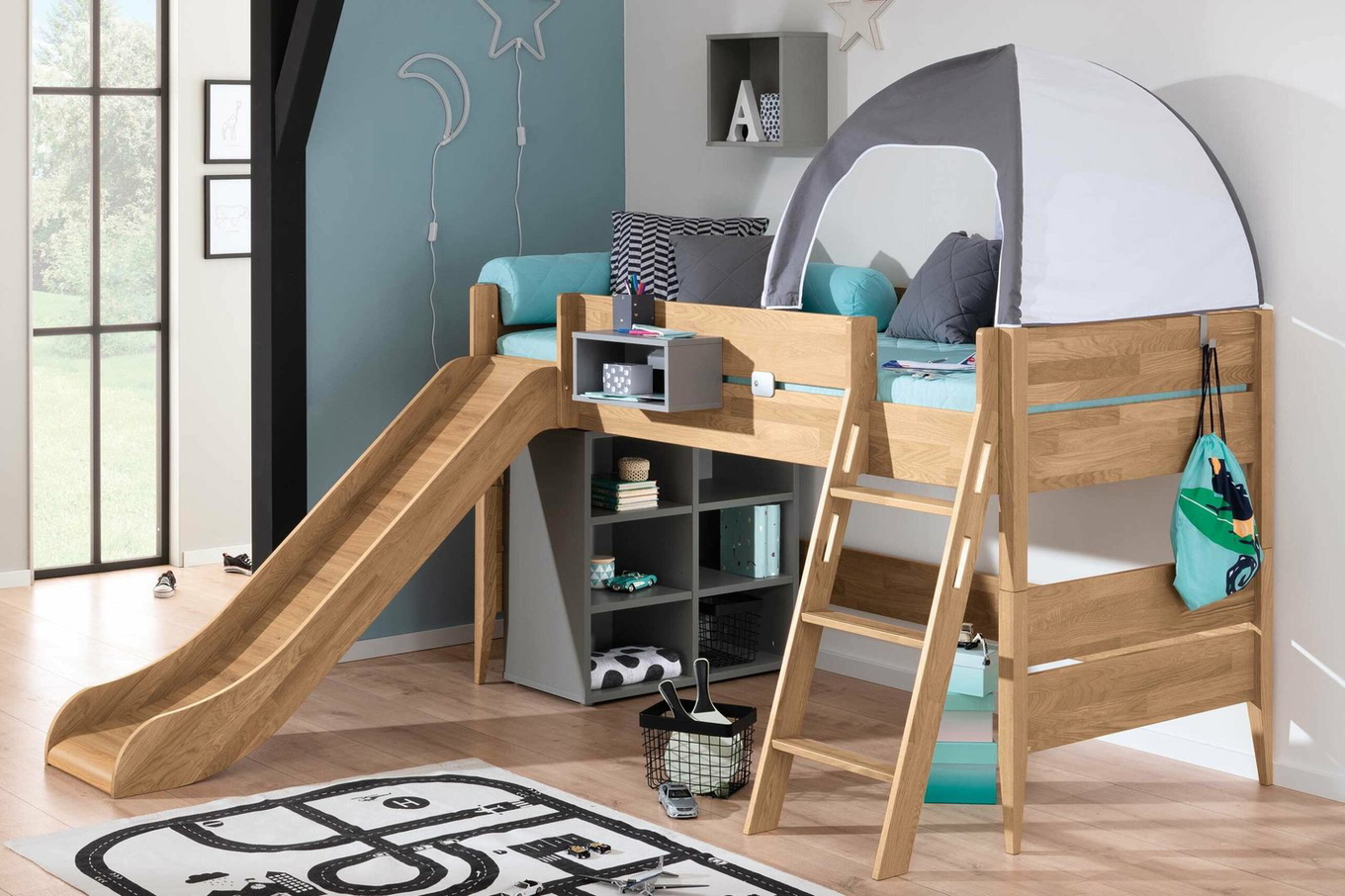 Halbhohes Bett Sten mit Rutsche Holz, mit Schrägleiter 3