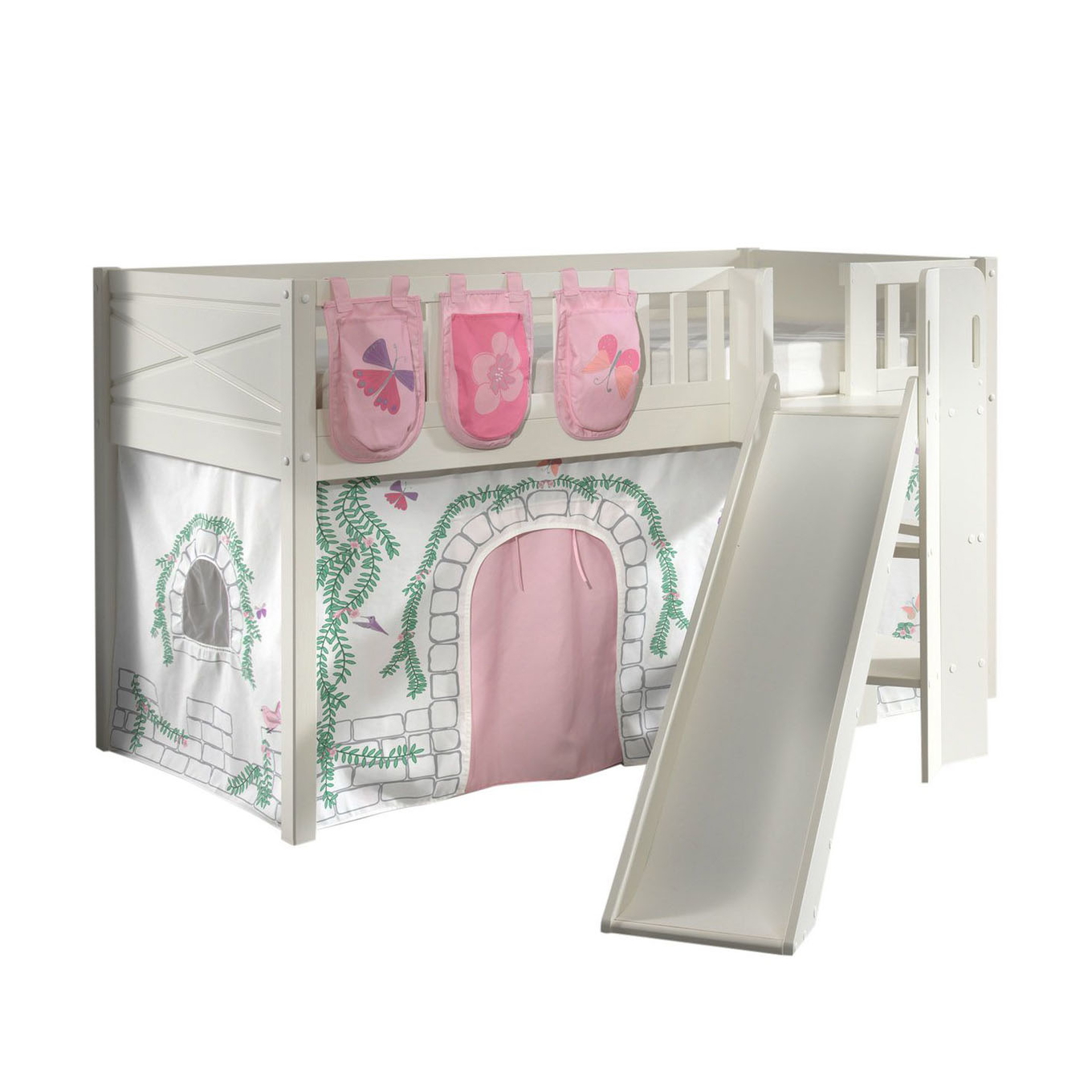 Halbhohes Bett Scott Birdy mit Rutsche mit Spielvorhang und Betttaschen