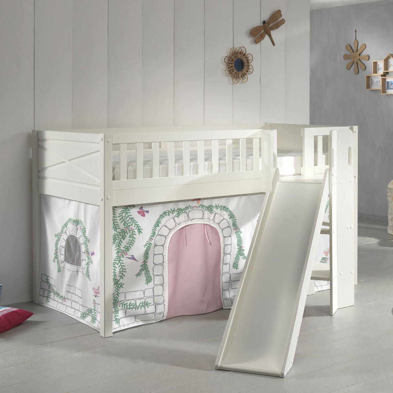 Halbhohes Bett Scott Birdy mit Rutsche mit Spielvorhang 2