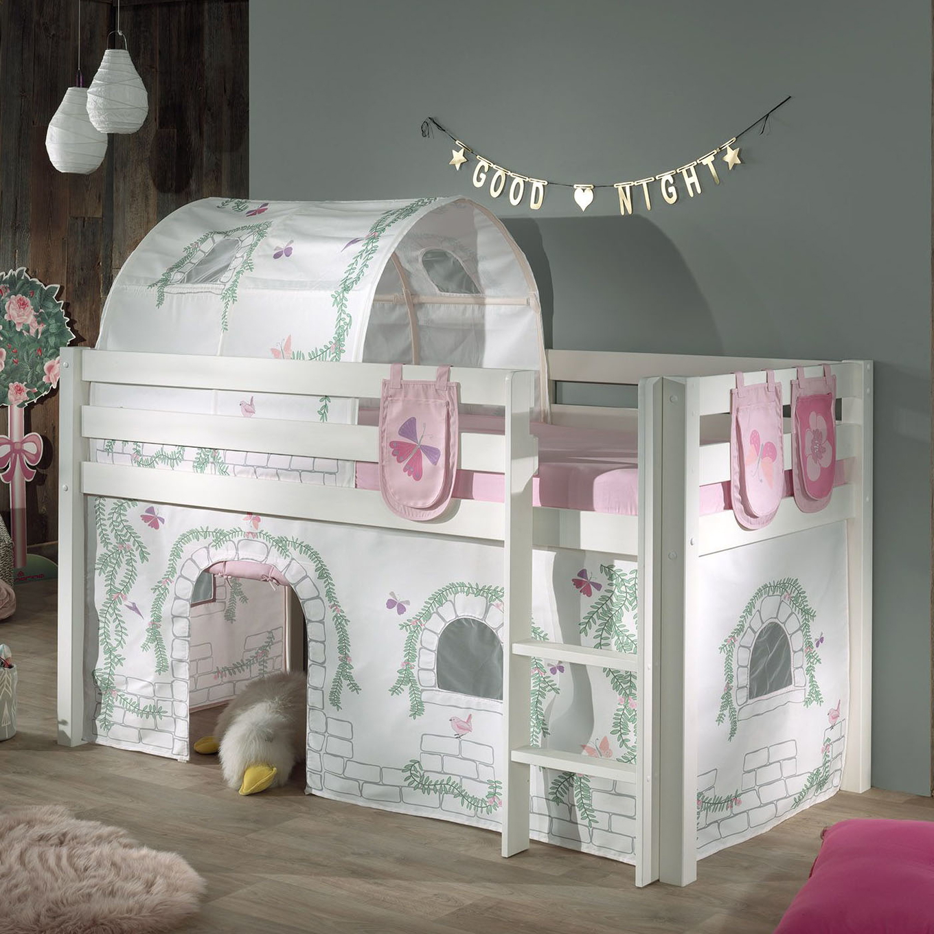 Halbhohes Bett Birdy Weiss, mit Spielvorhang, Höhle und Betttaschen 2