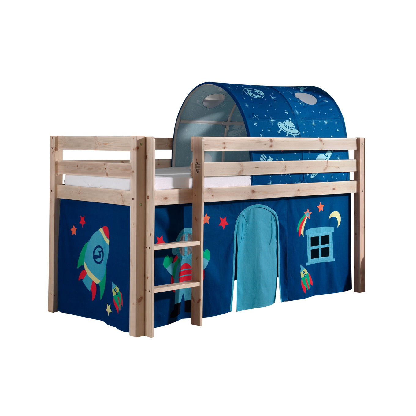 Halbhohes Bett Astro Holz, mit Spielvorhang und Höhle