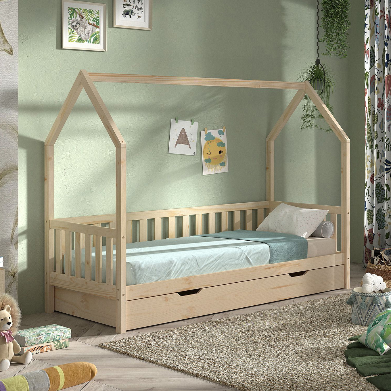Hausbett Cabane mit Umrandung inkl. Ausziehkasten Natur 3