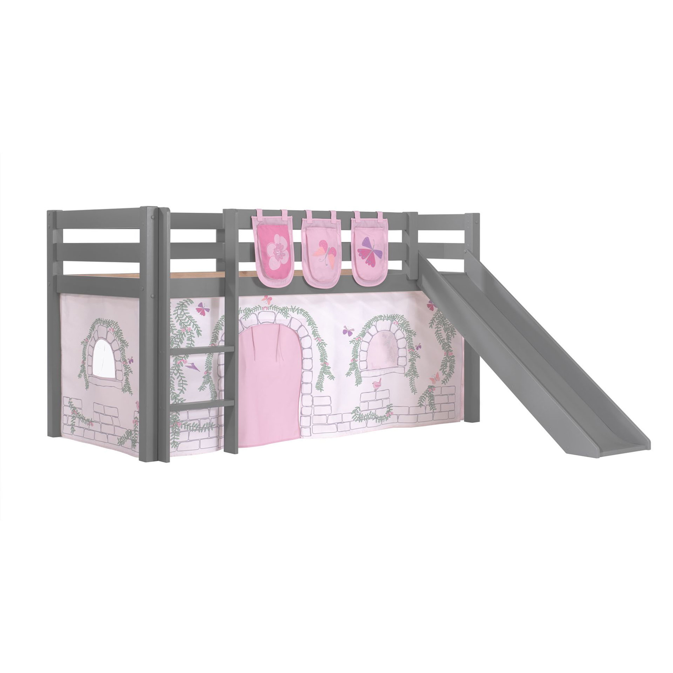 Halbhohes Bett Birdy mit Rutsche Grau, mit Spielvorhang und Betttaschen