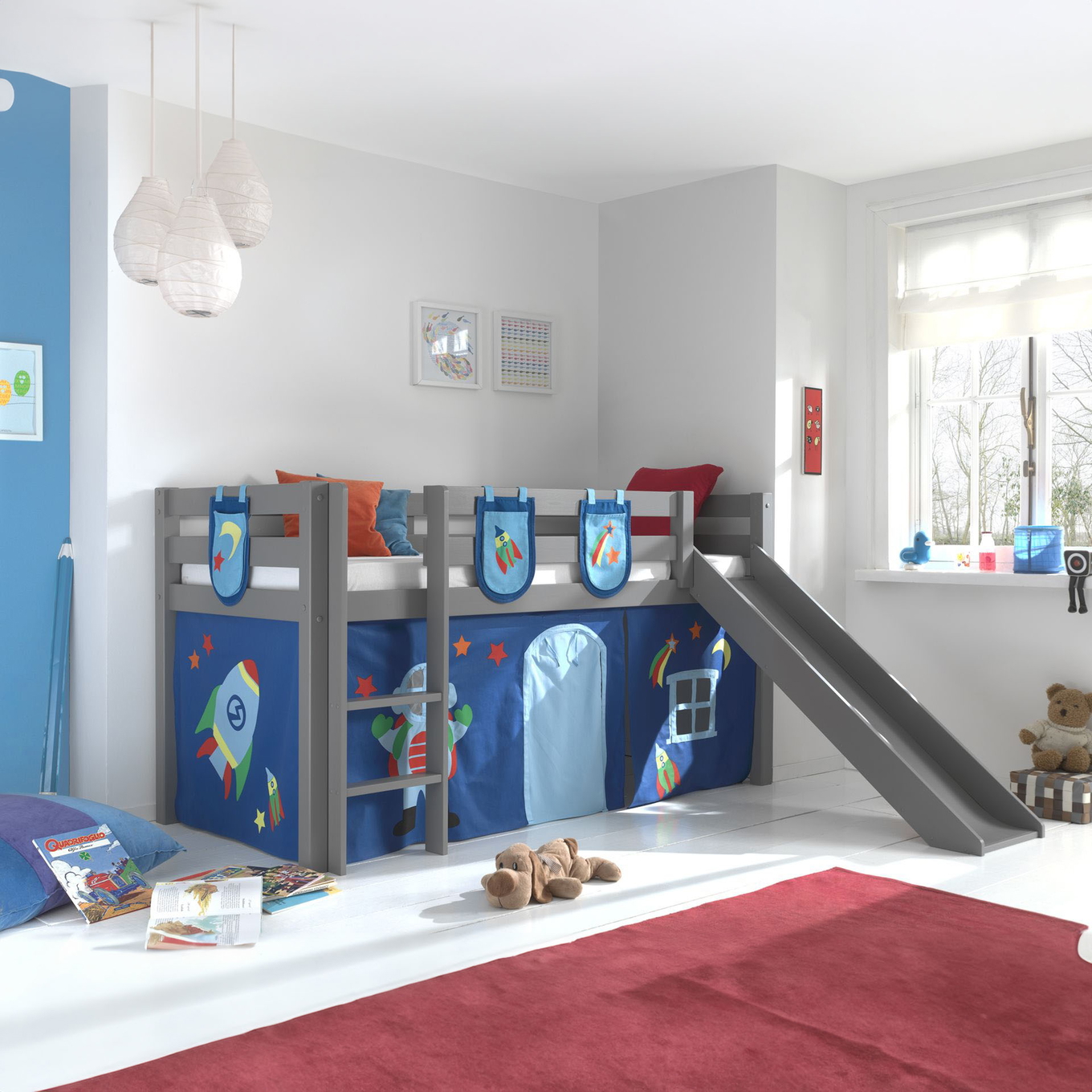 Halbhohes Bett Astro mit Rutsche Grau, mit Spielvorhang und Betttaschen 2