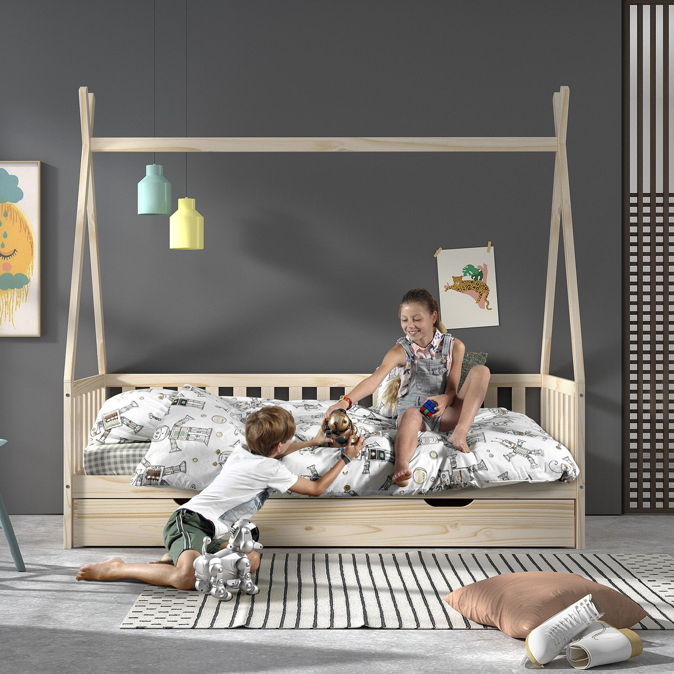 Tipibett Dallas inkl. Ausziehkasten Natur 3