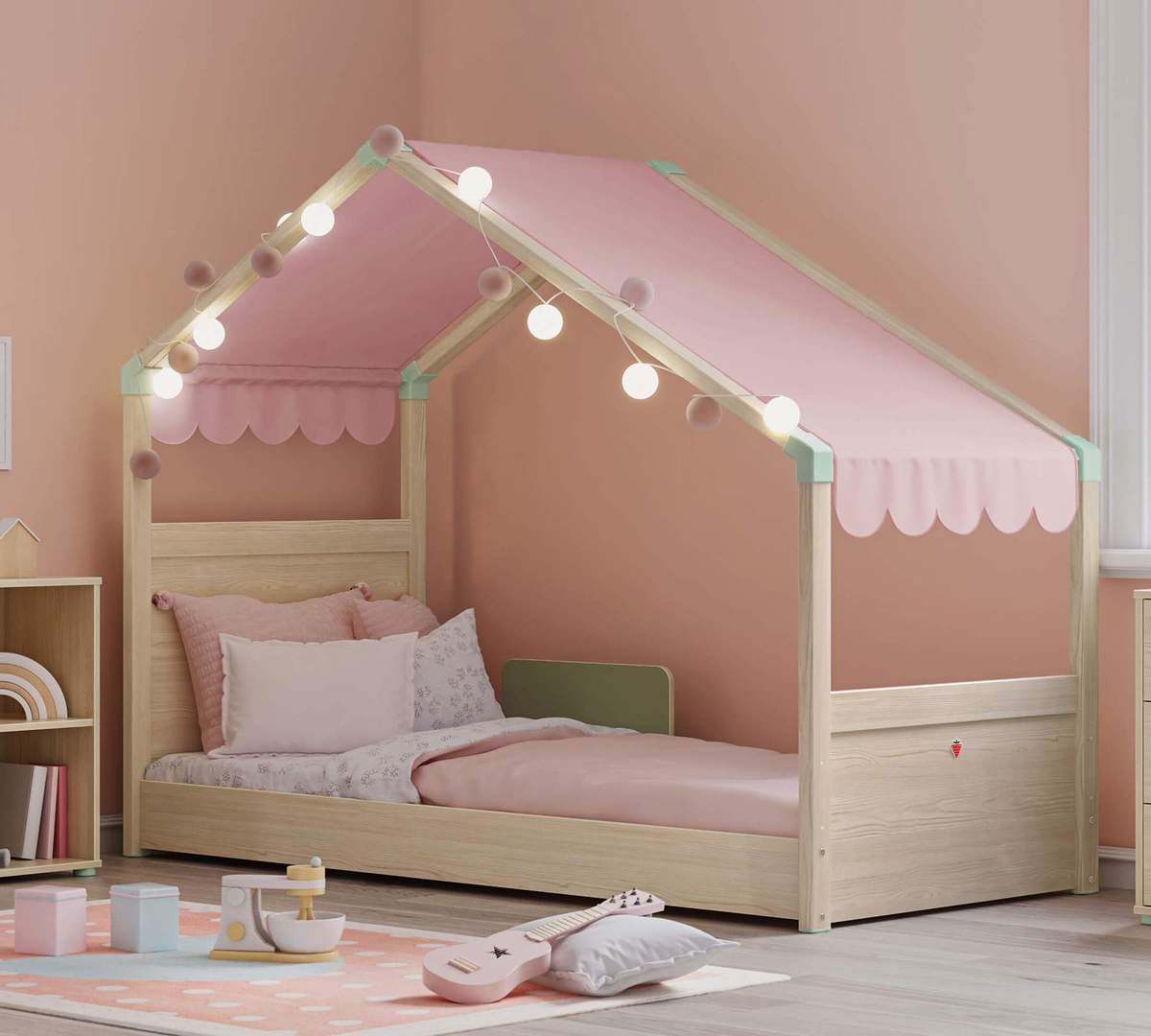 Stoffhimmel Montes für Hausbett mit Seitendach Pink 3