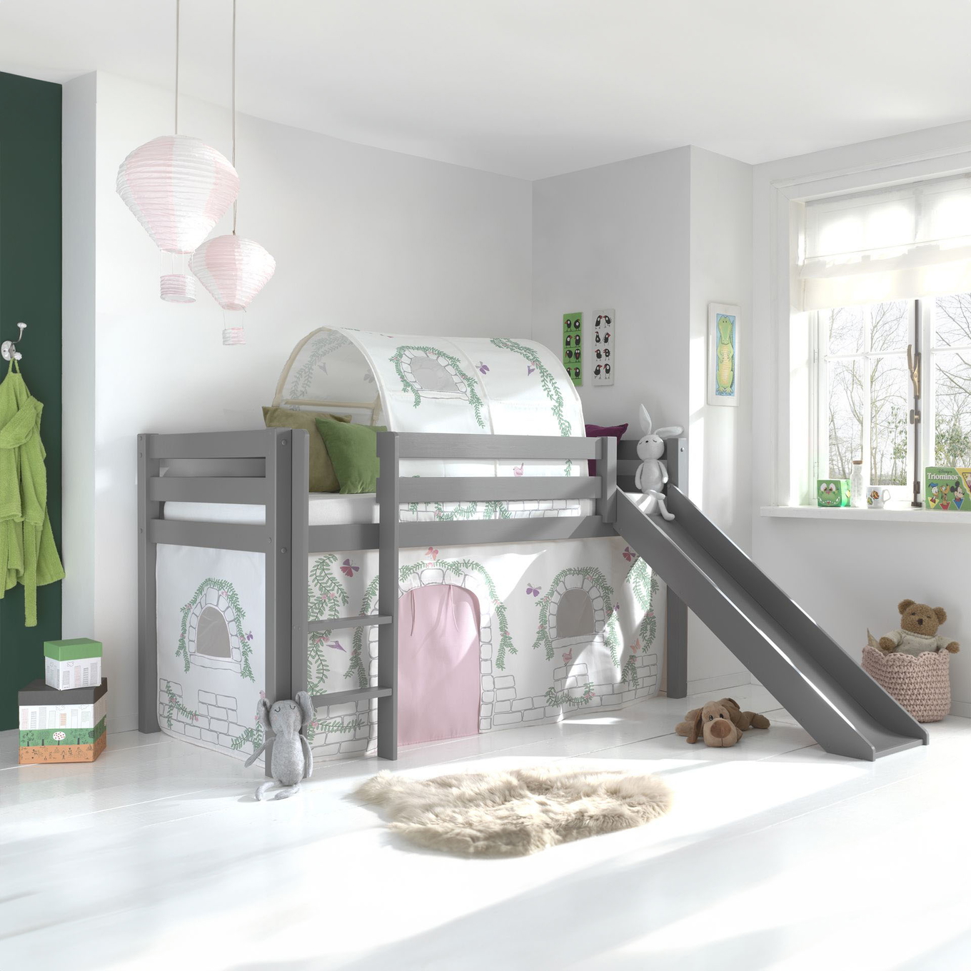 Halbhohes Bett Birdy mit Rutsche Grau, mit Spielvorhang und Höhle #2