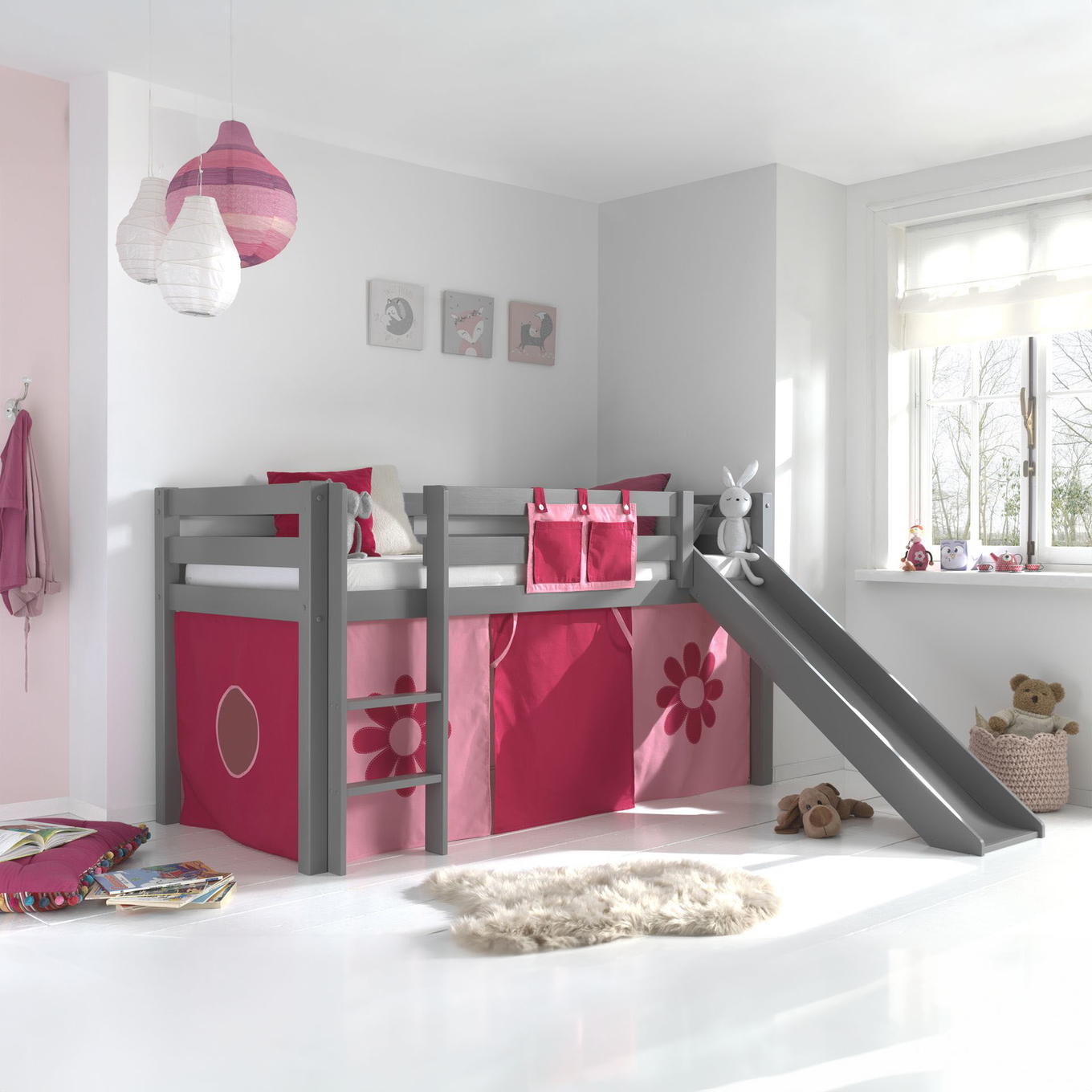 Halbhohes Bett Pink Flower mit Rutsche Grau 2