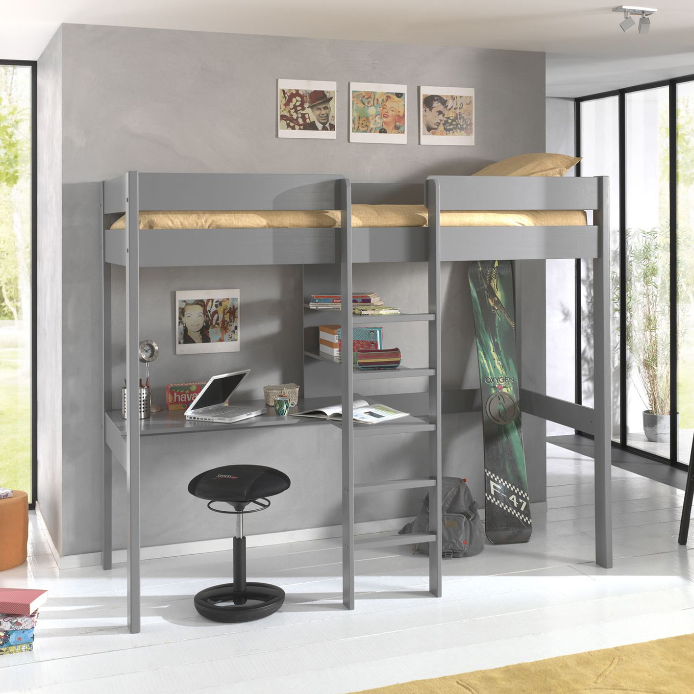 Hochbett Oliver mit Schreibplatte Grau 2