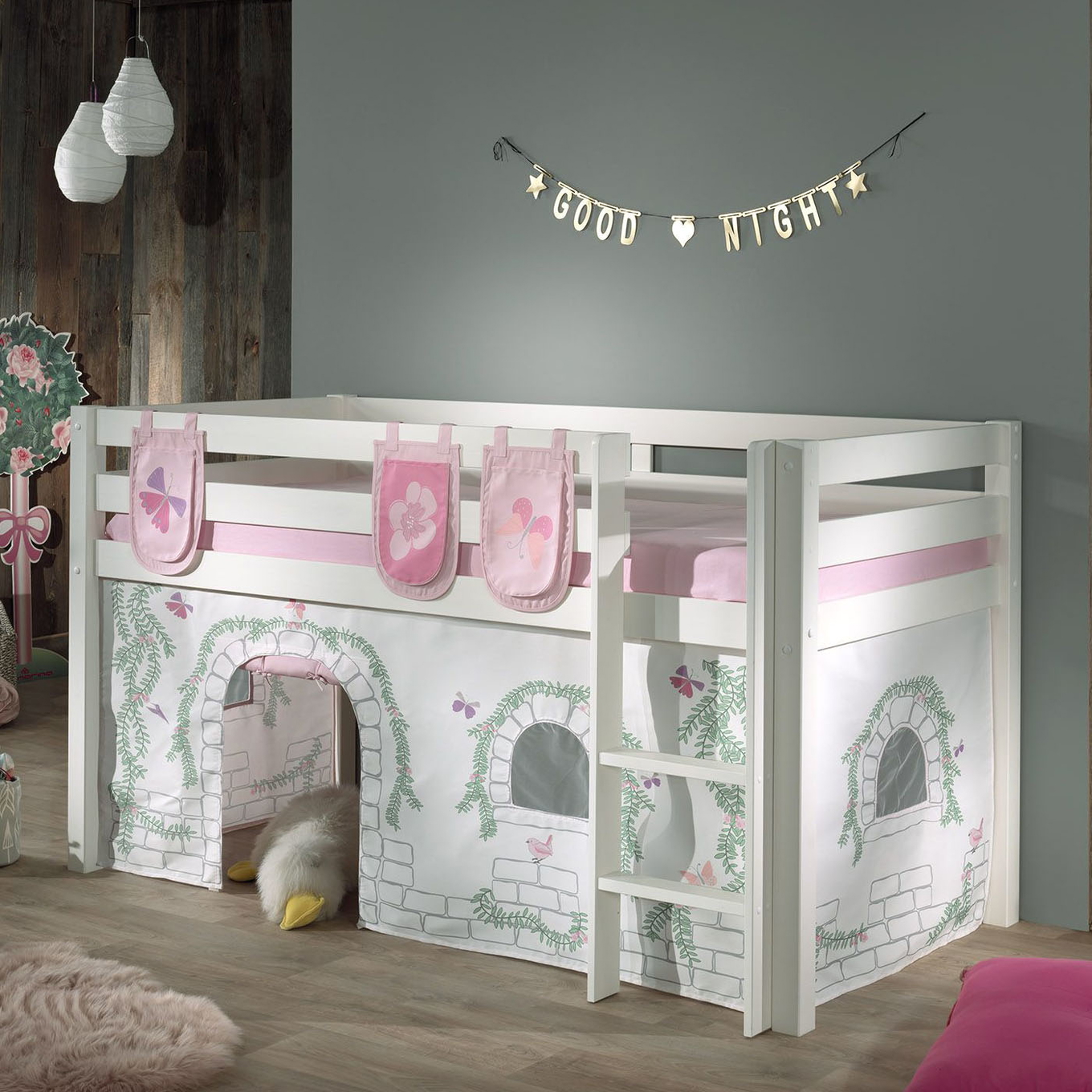 Halbhohes Bett Birdy Weiss, mit Spielvorhang und Betttaschen 2