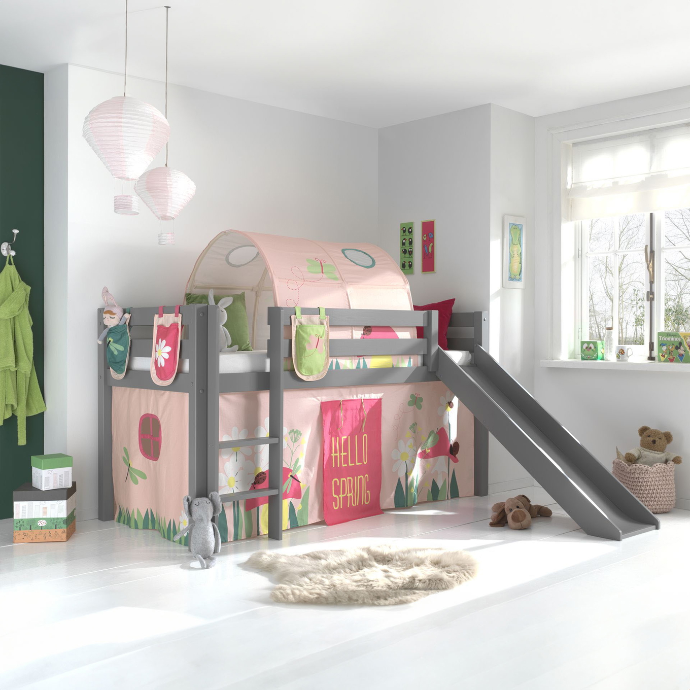 Halbhohes Bett Pino Spring mit Rutsche Grau, mit Spielvorhang, Höhle und Betttaschen 2